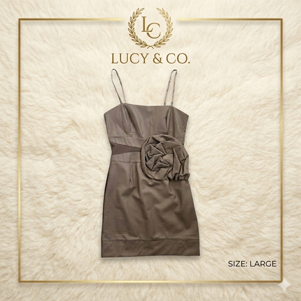 LUCY & CO. Women’s Sheath Dress Vegan Leather Mini Strapless Rosette Taupe L NWT
